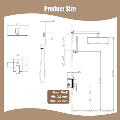 Gabrylly Rain Shower Head with Handheld Spray Combo, 10", Brushed Gold | All Metal Shower System, High Pressure Rainfall Shower Faucet Set, Solid Brass Shower Valve Complete Shower Set for Bathroom - color: Brushed Gold, size: 10 Inch