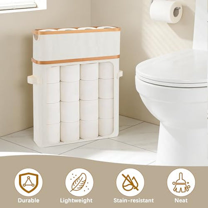 Livole Toilet Paper Storage Basket with Lid & Toilet Tank Basket | Free Standing, Large Capacity for 20 Regular Rolls or 15 Mega Rolls, Dual Handles, Clear Side Window, Bathroom, Beige - color: Beige