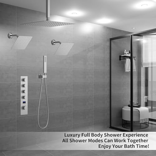 Brushed Nickel Shower System with 3 Rain Shower Head(12+8+8 inch), Handheld Spray, 4 Way Smart Temperature Display Shower Faucet set - color: Brushed Nickel, size: 12+8+8 inch