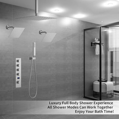 Brushed Nickel Shower System with 3 Rain Shower Head(12+8+8 inch), Handheld Spray, 4 Way Smart Temperature Display Shower Faucet set - color: Brushed Nickel, size: 12+8+8 inch