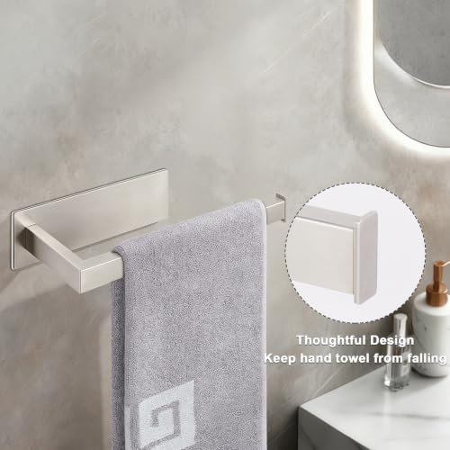 NearMoon Hand Towel Holder/Towel Ring Strong Hold Self Adhesive Bathroom Towel Bar, 9 Inch Thicken Stainless Steel Towel Rack- Sticky Towel Hanger, Contemporary Style No Drilling (Brushed Nickel)