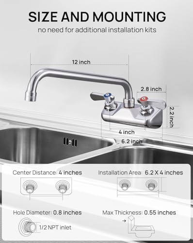 4" Center 12" Spout Commercial Wall Mount Sink Faucet for Restaurant & Bar | Solid Brass with Chrome Finish, 1.8 GPM Stainless Swivel Spout, Leak-Free Washerless Ceramic Cartridge Valve, 1/2" NPT Male - size: 4" center 12" spout