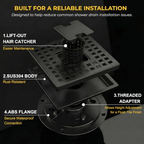 6 Inch Matte Black Square Shower Drain Kit with Lift-Out Hair Catcher, 304 Stainless Steel Shower Floor Drain with ABS Flange, for Bathroom