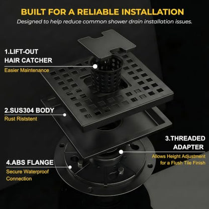 6 Inch Matte Black Square Shower Drain Kit with Lift-Out Hair Catcher, 304 Stainless Steel Shower Floor Drain with ABS Flange, for Bathroom