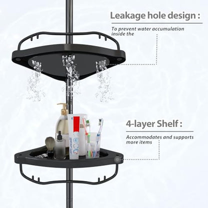 Shower Caddy,Shower Caddy Tension Pole with 4 ABS Baskets,Shower Storage Shelf with 56 to 125 Inch Adjustable Stainless Pole for Bathroom Black - color: Black