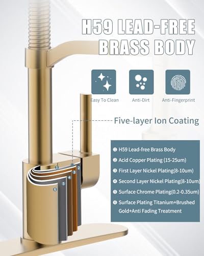 Gold Kitchen Faucet Soap Dispenser, Faucet for Kitchen Sink, Kitchen Sink Faucet with Deck Plate, RV Kitchen Faucet with Pull Down Sprayer and Dual Function Spray Head - color: C-Brushed Gold, style: Classic