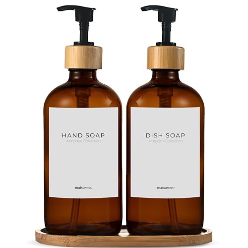 Maisonovo Dish Soap Dispenser Set - Amber Soap Dispenser Black Bamboo Pumps | Glass bottles for body wash, lotion, shampoo or conditioner · Sink, bathroom or countertop · Tray, 16.9 oz each - color: Amber Bottles Black Bamboo Pumps
