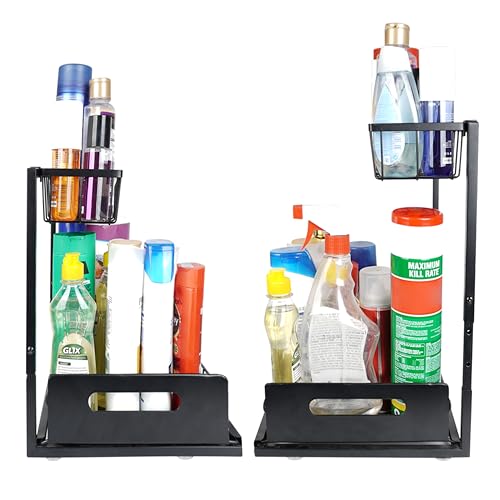 Height Adjustable 2-Tier Under Sink Organizer with 3 Hooks – Kitchen Sink Cabinet Storage Rack, Expandable Sink Caddy for Kitchen, Bathroom & Pantry - color: Black