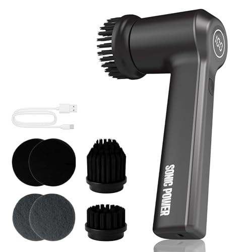 SonicPower Electric Spin Scrubber – Handheld & Ergonomic, IPX7 Waterproof, 4 Multi-Purpose Brush Heads, Long-Lasting Rechargeable Battery – Cleans Dishes, Bathroom, Tile, Grout & Kitchen (Black) | IPX7 Waterproof, 4 Interchangeable Heads, Soft Corner, Sco