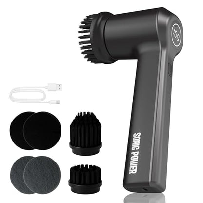 SonicPower Electric Spin Scrubber – Handheld & Ergonomic, IPX7 Waterproof, 4 Multi-Purpose Brush Heads, Long-Lasting Rechargeable Battery – Cleans Dishes, Bathroom, Tile, Grout & Kitchen (Black) | IPX7 Waterproof, 4 Interchangeable Heads, Soft Corner, Sco