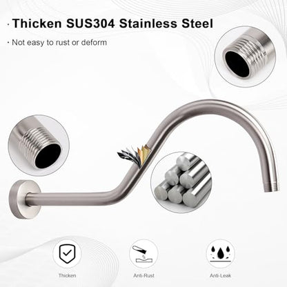 S Shaped Shower Arm, High Rise Shower Head Extension Pipe Standard 1/2" Connection with Flange, Awesome Shower Experience-Stainless Steel Bathroom Accessory(16 Inch J-S Shape, Brushed Nickel) - color: Brushed Nickel, style: 16" J Shape