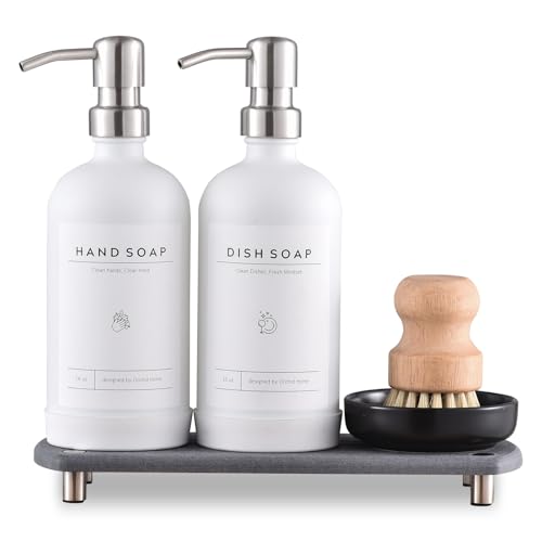 [Luxury] Kitchen Soap Dispenser Set - 16OZ White Glass Bottle, Stainless Steel Pump, Instant Dry Tray, Waterproof Labels, Non-Slip Silicone Pad, and Dish Brush | Upgrade for Your Kitchen and Bathroom - color: White Bottle + Silver Pump