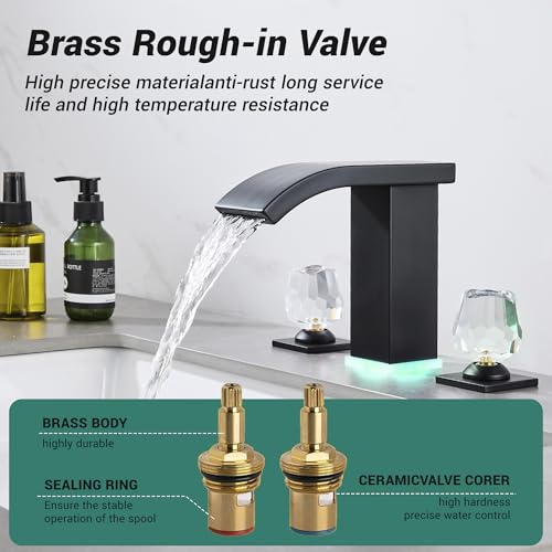 Bathroom faucets 3 Hole Widespread Modern Bathroom Sink Faucet 8 inch Matte Black Bathroom 3 Hole LED Light Waterfall Vanity Faucet Sink with Pop Up Drain (Matte Black) - color: Matte Black