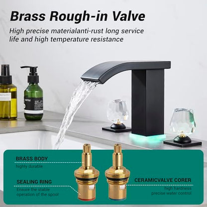 Bathroom faucets 3 Hole Widespread Modern Bathroom Sink Faucet 8 inch Matte Black Bathroom 3 Hole LED Light Waterfall Vanity Faucet Sink with Pop Up Drain (Matte Black) - color: Matte Black