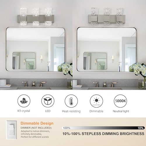 Modern Bathroom Vanity Light fixtures Over Mirror Brushed Nickel Crystal LED Bathroom Lighting fixtures 3 Lights 6000K - color: Brushed Nickel, size: 3 lights