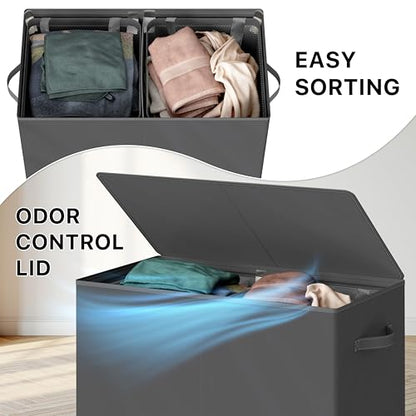 Simple Houseware Double Laundry Hamper with Lid & Removable Bags, Dark Gray | Heavy Duty 600D Polyester, Water-Resistant Surface - color: Dark Grey