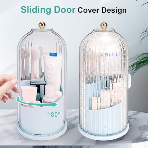 QIYVLOS Toothbrush Holders with Sliding Lid, Rotating 3 Slots Bathroom Organizer Countertop, Tooth Brush Toothpaste Holder Bathroom Counter Stand Sink Organizer Caddy for Makeup Brushes Holder (Blue) - color: Blue+Transparent
