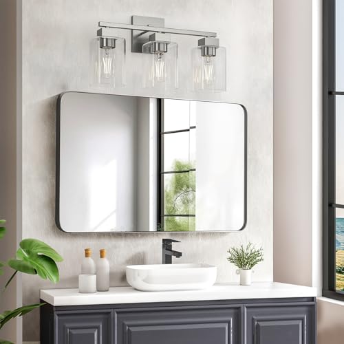 Brush Nickel Bathroom Vanity Light - 3 Light Bathroom Light Fixture Square Design & UL Certification & Square Bath Room Lights Fixture Over Mirror - color: Brush Nickel, size: 3 Light