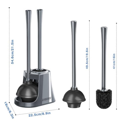 LOVLOY Toilet Plunger and Brush with Holder, Bowl Brush and Heavy Duty Toilet Plunger Set with Ventilated Holder, 2-in-1 Toilet Brush and Plunger Combo for 5.3-inch Toilet Drain New Pack (Grey, 1) - color: Gray