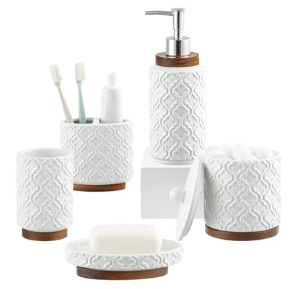 RQYIXI Elegant 5 PCS Ceramic&Wood Bathroom Accessories Set:Soap Dispenser,Toothbrush Holder,Tumbler,Soap Dish,Cotton Swab Jar,Easy to Clean,Quatrefoil Pattern,White-Affordable Home Luxury - color: White Set-5pcs