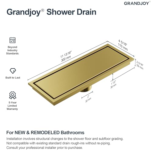12-Inch Linear Shower Drain, Brushed Gold SUS304 Stainless Steel with 2-in-1 Tile Insert Cover & Flat Grate, High Flow Floor Drainer with Hair Strainer, Adjustable Feet - color: Brushed Gold, size: 12