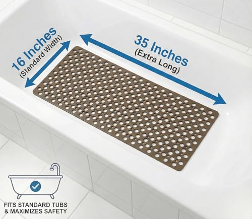 Nonslip Bath Tub Shower Mat with Suction Cups, Extra Soft TPE Bath Mat for Kids, Bathtub Bathroom Mats, Machine Washable, Smooth/Non-Textured Tubs Only, 35L x 16W Inch(Brown) - color: Brown, size: 35" x 16" (Rectangular)