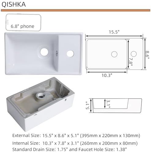 Small Wall Mount Bathroom Vessel Sink, 15.6" X 8.6" Rectangular Floating Ceramic Wash Hand Basin - White Wall Hung Vanity Sink with Overflow for Small Bathroom (Right Hand) - size: 15.6" x 8.6" x 5.1"