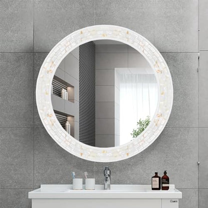 24 Inch Round Mirrors with Mosaic Frame for Wall | Natural Mother of Pearl Inlay, Coastal White Framed Circle Mirror with Tempered Glass for Bathroom, Bedroom or Entryway - size: 24"L x 24"W