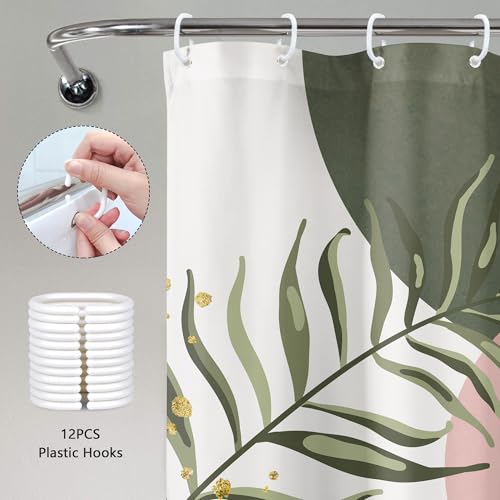 Sage Green Mid Century Pink Boho Abstrac Leaf Bathroom Shower Curtain Set | Bohemian Tropical look; 60"W x 72"L. waterproof HD print, quick-dry fabric and free hooks for easy setup. - color: A-07pink Green, size: 60"W x 72"L (Pack of 1)