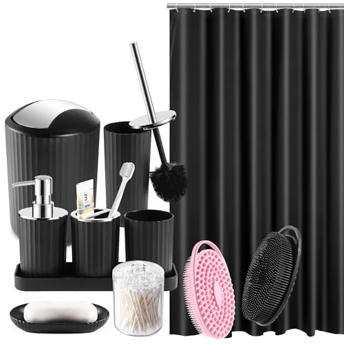 Bathroom Accessories Set with Shower Curtain Body Scrubber 12pcs | with 2 Body Scrubber, Trash Can, Toilet Brush Set, Soap Dispenser Toothbrush Holder Set, Tray, Q-tip Holder - size: Bath Set Body Scrubber
