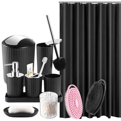Bathroom Accessories Set with Shower Curtain Body Scrubber 12pcs | with 2 Body Scrubber, Trash Can, Toilet Brush Set, Soap Dispenser Toothbrush Holder Set, Tray, Q-tip Holder - size: Bath Set Body Scrubber