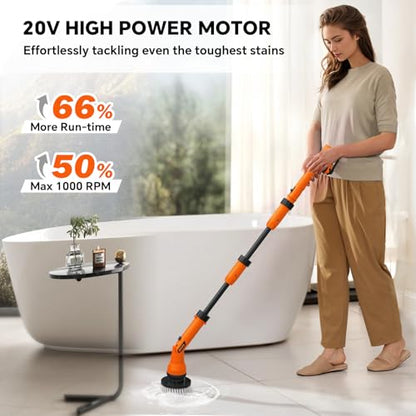 2 Battery Electric Spin Scrubber, 1000RPM Cordless Cleaning Brush Waterproof with 20V Power Supplied, Adjustable Extension Handle, 4 Replaceable Cleaning Heads, Hook, Gloves - for Tub/Tile/Wall/Floor