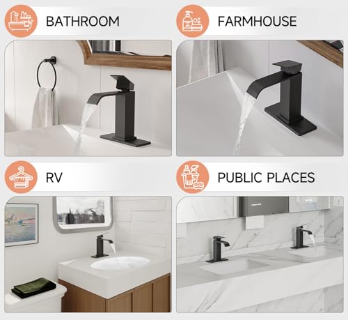 Matte Black Bathroom Faucets Evolvegoods Modern Waterfall Bathroom Faucet | Single Handle 1 or 3 Hole Bathroom Sink Faucet RV Mixer Tap Vanity Faucet with Deck Plate Pop-up Drain and Supply Lines - color: Matte Black