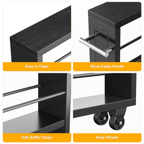KLM Rolling Storage Cart 4-Tier Black Kitchen Cart with Wheels, Slim Storage Cart with Handle Slide Out Utility Cart Shelving Unit Organizer Trolley for Laundry Narrow Places Bathroom Small Corner