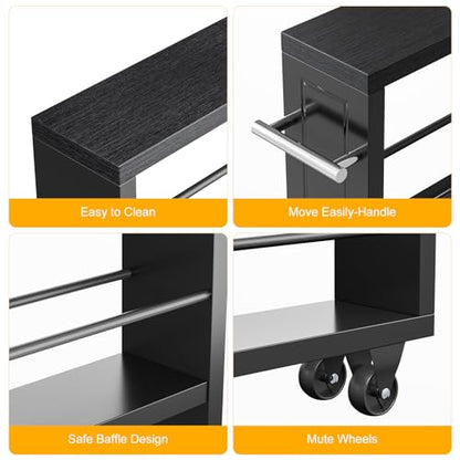 KLM Rolling Storage Cart 4-Tier Black Kitchen Cart with Wheels, Slim Storage Cart with Handle Slide Out Utility Cart Shelving Unit Organizer Trolley for Laundry Narrow Places Bathroom Small Corner