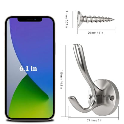 Coat Hooks for Hanging Coat Hooks for Wall Mounted Brass Wall Hooks Heavy Duty Brushed Robe Closet Hooks for Hanging Coats Entryway Metal Towel Hooks for Bathrooms (1, Silver)