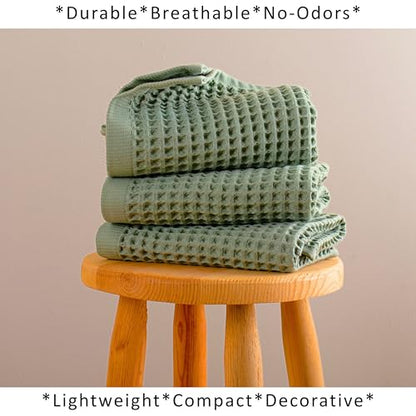 PÜSKÜL Natural 100% Turkish Cotton Waffle Hand and Kitchen Towels Set of 3 | Sage Green, Large 32x16 inc, Honeycomb-Waffle weave towel for bathroom & kitchen. Premium quality oeko-tex made in Turkey. - color: Sage Green, size: Kitchen & Hand Towels Pack o