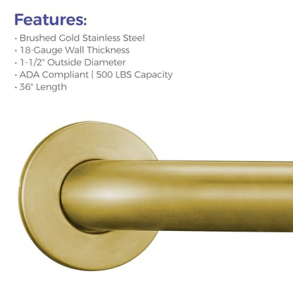 Stardrix 36-Inch ADA Compliant Grab Bar, 1.5" Diameter, Concealed Mounting Flanges, Handicap Friendly, Commercial & Residential Bathrooms, Brushed Gold Stainless Steel - color: Brushed Gold, size: 36"