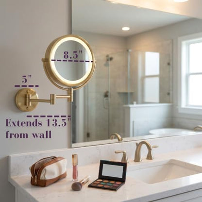 JERDON Hardwired Wall-Mount Makeup Mirror - 8X/1X - Gold - HL75BGD | 8.5" Diameter, 13.5" Wall Arm, LED Lighting, Direct Wire Installation - color: Gold Direct Wire