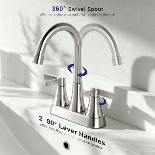 Brushed Nickel Bathroom Faucet 3 Hole, VAPSINT 4 Inch Centerset Bathroom Faucet, 2 Handle Stainless Steel Vanity Faucet for Vanity Lavatory RV with Pop-up Drain and 2 Supply Hoses - color: Brushed Nickel