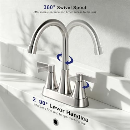 Brushed Nickel Bathroom Faucet 3 Hole, VAPSINT 4 Inch Centerset Bathroom Faucet, 2 Handle Stainless Steel Vanity Faucet for Vanity Lavatory RV with Pop-up Drain and 2 Supply Hoses - color: Brushed Nickel