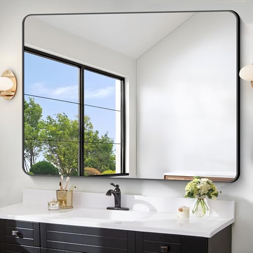 FORBATH Large Bathroom Mirror 48 x 36 Inches，Black Large Wall Mirror Aluminum Frame Wall Mounted Rounded Corner Morndern Mirror for Bathroom Bedroom Entryway Living Room - color: Black, size: 48"L x 36"W