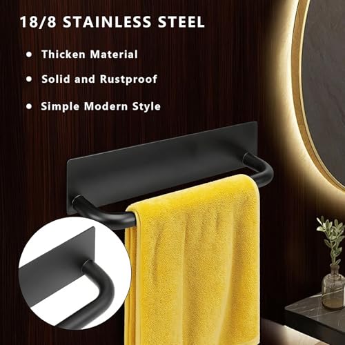 GREATLINK No Drill Adhesive Towel Holder - 9 Inch Black Stainless Steel Peel and Stick Towel Rack for Bathroom, Kitchen | Waterproof, Rust-Resistant & Easy to Install with Command Strips (2 Pack)