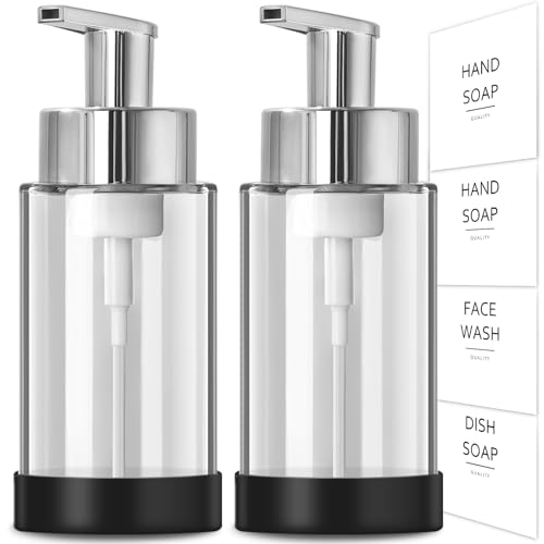RYTOXILO Glass Soap Dispenser, 10 oz/300ml Foaming Soap Dispenser, 2 Pack Foaming Hand Dispenser with 2 Non-Slip Silicone Bottom Sleeve, Clear Refillable Foam Soap Bottle with Silver Pump - color: Clear Bottle, size: 10 Fl oz with Silver Pump Silicone Boo