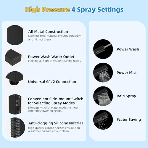 Hibbent All Metal cUPC Certified Shower Head, 12'' High Pressure Rainfall Showerhead Combo, Handheld Shower Wand, 12'' Adjustable Extension Arm, 4-Spray, 71'' Hose, Brass Shower Holder, Matte Black - color: Matte Black, style: Square 12''