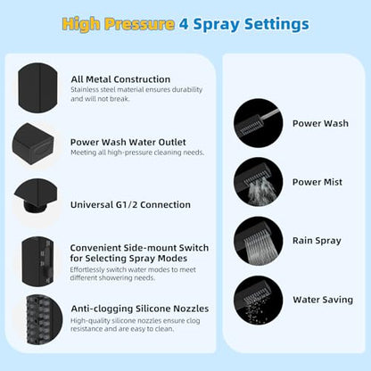 Hibbent All Metal cUPC Certified Shower Head, 12'' High Pressure Rainfall Showerhead Combo, Handheld Shower Wand, 12'' Adjustable Extension Arm, 4-Spray, 71'' Hose, Brass Shower Holder, Matte Black - color: Matte Black, style: Square 12''