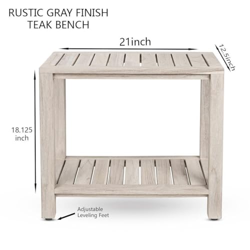 Gray Teak Shower Bench with Shelf 21 Inch for Bathroom, Spa - Fully Assembled, Shower Stool, Rustic Gray Finish, The Elisa