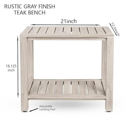 Gray Teak Shower Bench with Shelf 21 Inch for Bathroom, Spa - Fully Assembled, Shower Stool, Rustic Gray Finish, The Elisa