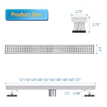 24 inch Linear Shower Drain Brushed Silver with Grate Removable | Square Hole Panel,AISI 304 Stainless Steel Fast Drainage Rectangle Hidden Shower Trench,Detachable Hair Catcher,Leveling Feet - color: Stainless Steel, size: 24 inch+No Base