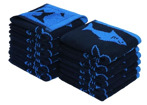 ORIGINAL KIDS Wash Cloth - 100% Cotton Set of 12 Washcloths - Navy Blue | Bath Time Shark Attack Super Soft Colorful Absorbent Quick Dry Easy Care Jacquard Face Towel - 12x12 inch Face Cloth - color: Navy Blue, size: 12 Pack Washcloth
